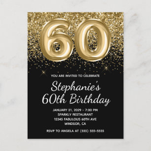 Cartão Postal De Convite Balão negro brilhante Dourado brilhante 60º aniver