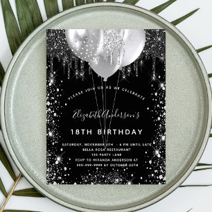 Cartão Postal De Convite Balões de pó preto de prata preto de aniversário