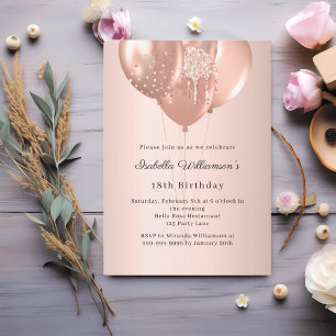 Cartão Postal De Convite Balões dourado rosa aniversário 