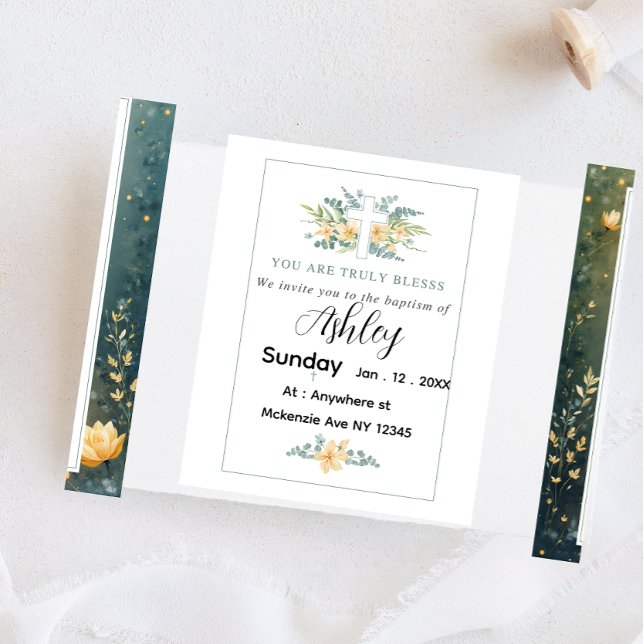 Cartão Postal De Convite Baptism Card with Cross and  Flowers (Criador carregado)