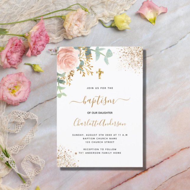 Cartão Postal De Convite Baptism eucalyptus greenery rose gold floral  (Criador carregado)