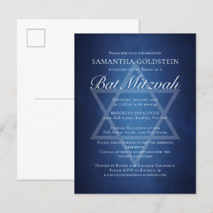 Cartão Postal De Convite Bar Mitzvah Azul Branco Tipografia Formal Moderna