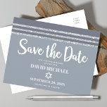Cartão Postal De Convite Bar Mitzvah Salvar Data Cinza Silver Tallit Script<br><div class="desc">Certifique-se de que todos os seus amigos e parentes serão capazes de celebrar o marco Bar do seu filho Mitzvah! Enviar este cartão postal de anúncio legal, exclusivo, moderno e personalizado "Salvar a Data". A tipografia branca, a estrela de David e uma cinza suave e a taluza listrada de prata...</div>