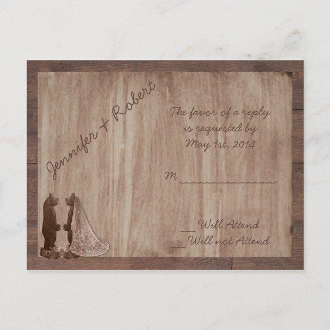 Cartão Postal De Convite Barn Wood Bears Country Weding RSVP (Frente)