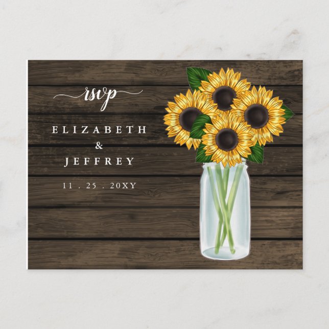 Cartão Postal De Convite Barn Wood String Luzes Sunflower RSVP (Frente)