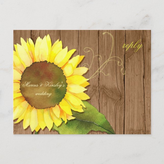 Cartão Postal De Convite Barn Wood Sunflower Casamento outono RSVP (Frente)
