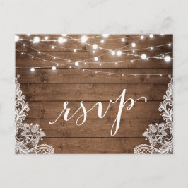 Cartão Postal De Convite Barn Wood Twinkle Lights Lace Rustic Casamento RSV