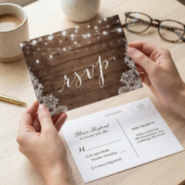 Cartão Postal De Convite Barn Wood Twinkle Lights Lace Rustic Casamento RSV