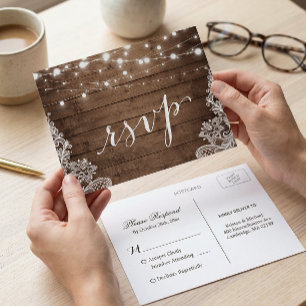 Cartão Postal De Convite Barn Wood Twinkle Lights Lace Rustic Casamento RSV