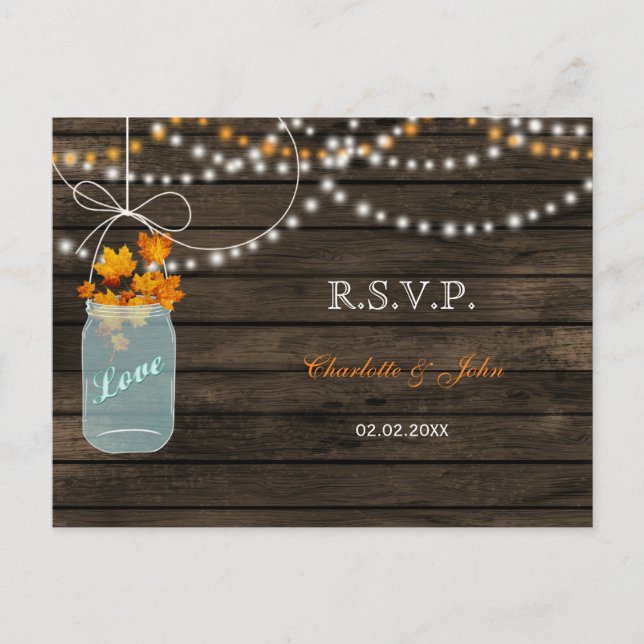 Cartão Postal De Convite Barnwood mason jars casamento outono RSVP (Frente)