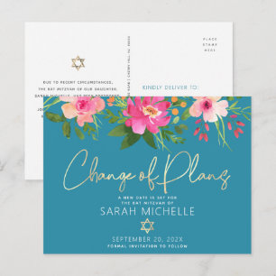 Cartão Postal De Convite Bat Mitzvah Aquarela Floral Dourado Azul Escrito