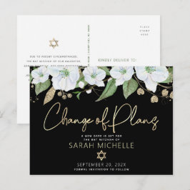 Cartão Postal De Convite Bat Mitzvah Black Dourado Script Floral Watercolor