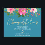 Cartão Postal De Convite Bat Mitzvah Floral Watercolor Dourado Azul<br><div class="desc">Certifique-se de que todos os seus amigos e parentes ainda serão capazes de celebrar o marco da sua filha Bat Mitzvah, independentemente das atuais circunstâncias imprevistas globais. Enviar este cartão postal personalizado "Mudança de Planos". Uma aquarela floral chica, atordoante, rosa e pêssego com uma tipografia falsa de folha de ouro...</div>