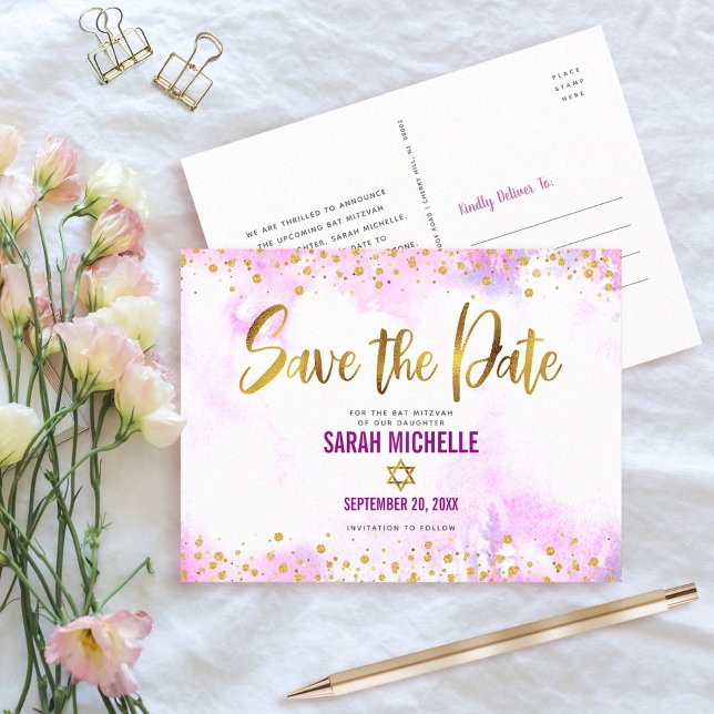 Cartão Postal De Convite Bat Mitzvah Guarda a Data Dourada em Aquarela Rosa (Criador carregado)