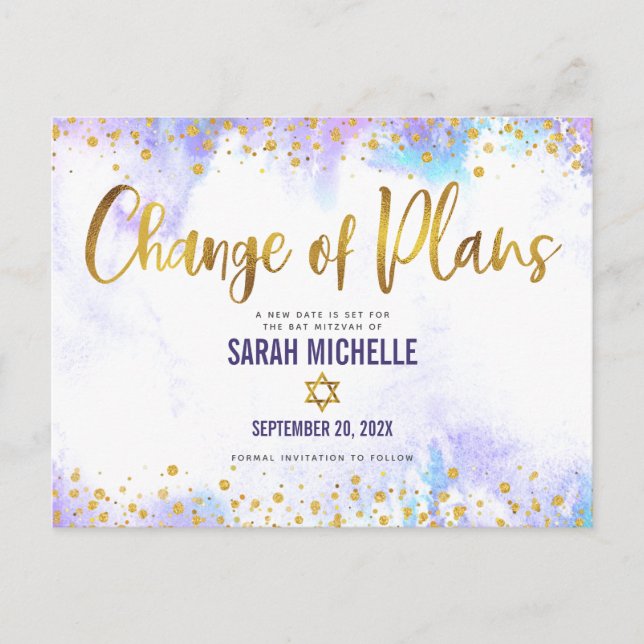 Cartão Postal De Convite Bat Mitzvah Mudança de Planos Dourada de Aquarela  (Frente)