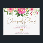 Cartão Postal De Convite Bat Mitzvah Pink Floral Watercolor Script Dourado<br><div class="desc">Certifique-se de que todos os seus amigos e parentes ainda serão capazes de celebrar o marco da sua filha Bat Mitzvah, independentemente das atuais circunstâncias imprevistas globais. Enviar este cartão postal personalizado "Mudança de Planos". Uma aquarela floral, cor-de-rosa e pêssego, impressionante, com uma tipografia falsa de folha de ouro e...</div>