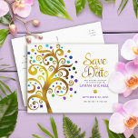 Cartão Postal De Convite Bat Mitzvah salva a data Dourada Árvore Roxa da Vi<br><div class="desc">Certifique-se de que todos os seus amigos e parentes serão capazes de celebrar o marco da sua filha Bat Mitzvah! Envie esta estonteante e esfarrapada folha de ouro gráfica com turquesa cintilante, teal, roxo e azul Estrela de David e "folhas" de ponto sobre fundo branco, personalizado cartão postal de anúncio...</div>