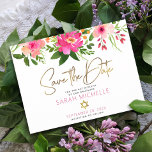 Cartão Postal De Convite Bat Mitzvah Salva a Data Script Floral Watercolor<br><div class="desc">Certifique-se de que todos os seus amigos e parentes serão capazes de celebrar o marco da sua filha Bat Mitzvah! Enviar este cartão postal personalizado "Salvar a Data". Uma aquarela floral, cor-de-rosa e pêssego, impressionante, com uma tipografia falsa de folha de ouro e uma rosa de poeirento moderno e serifas...</div>