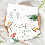 Cartão Postal De Convite Bat Mitzvah Salvar Data Salvar Script Floral Doura<br><div class="desc">Certifique-se de que todos os seus amigos e parentes serão capazes de celebrar o marco da sua filha Bat Mitzvah! Enviar este cartão postal personalizado "Salvar a Data". Na moda, atordoante, colorida, aves aquáticas tropicais de flores do paraíso, escrita falsa em ouro manuscrita, Estrela de David e pontos brilhantes, juntamente...</div>