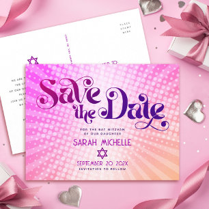 Cartão Postal De Convite Bat Mitzvah Salve a Data Retro Pink Laranja Ombre