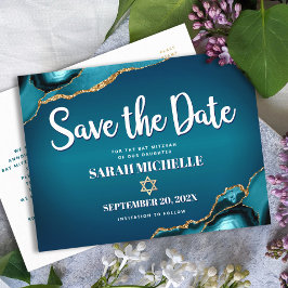 Cartão Postal De Convite Bat Mitzvah Salve a Data Teal Ombre Ágata Script