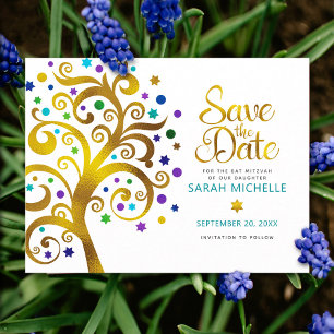 Cartão Postal De Convite Bat Mitzvah Salve o Dia Dourado & Árvore da Vida e