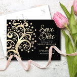 Cartão Postal De Convite Bat Mitzvah Save Date Black Gold Foil Tree of Life<br><div class="desc">Make sure all your friends and relatives will be able to celebrate your daughter’s milestone Bat Mitzvah! Send out this stunning, sophisticated, personalized “Save the Date” announcement postcard. A graphic faux gold foil tree with sparkly Star of David and dot “leaves”, along with gold foil calligraphy script, overlays a rich,...</div>