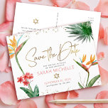 Cartão Postal De Convite Bat Mitzvah Tropical Salvar Data Floral Dourado<br><div class="desc">Certifique-se de que todos os seus amigos e parentes serão capazes de celebrar o marco da sua filha Bat Mitzvah! Enviar este cartão postal personalizado "Salvar a Data". Na moda, atordoante, colorida, pássaros aquosos tropicais de flores do paraíso, escrita falsa em ouro manuscrita, Estrela de David e pontos brilhantes, juntamente...</div>