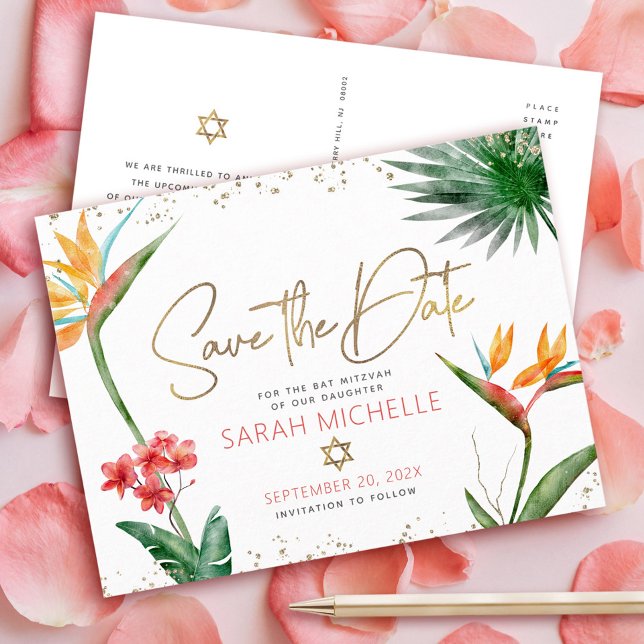Cartão Postal De Convite Bat Mitzvah Tropical Salvar Data Floral Dourado (Criador carregado)