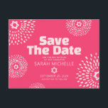 Cartão Postal De Convite Bat Rosa Quente Mitzvah Salve a Data que Starburst<br><div class="desc">Certifique-se de que todos os seus amigos e parentes serão capazes de celebrar o marco da sua filha Bat Mitzvah! Enviar este cartão postal personalizado de anúncio "Salvar a Data", "Boho Retro". Estrelas de flores cor-de-rosa brancas e esbranquiçadas com Estrelas de David, assim como uma ousada tipografia serif rosa-pincel e...</div>