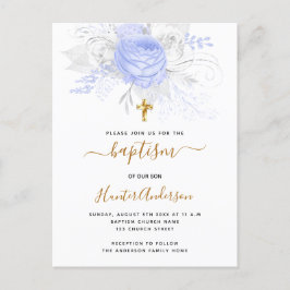 Cartão Postal De Convite Batismo azul claro floral branco elegante