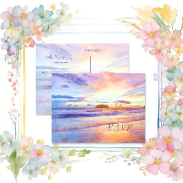 Cartão Postal De Convite Beach Watercolor Rosa Sunrise RSVP