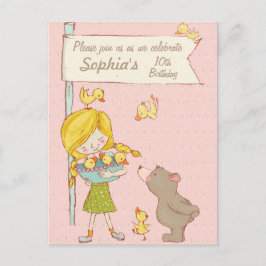 Cartão Postal De Convite Bear Girl Ducklings Crianças Aniversário