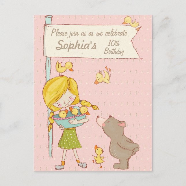 Cartão Postal De Convite Bear Girl Ducklings Crianças Aniversário (Frente)