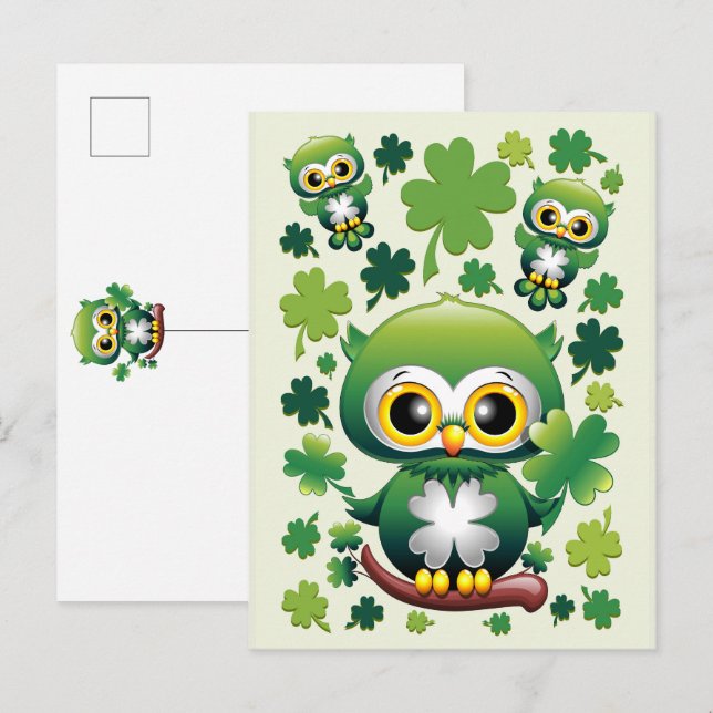 Cartão Postal De Convite Bebê Coruja Fofo St Patrick Desenho Animado (Frente/Verso)
