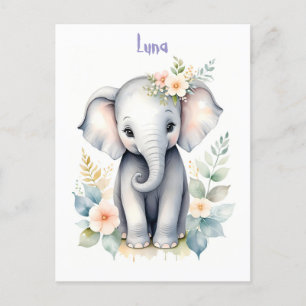 Cartão Postal De Convite Bebê Elefante Florido