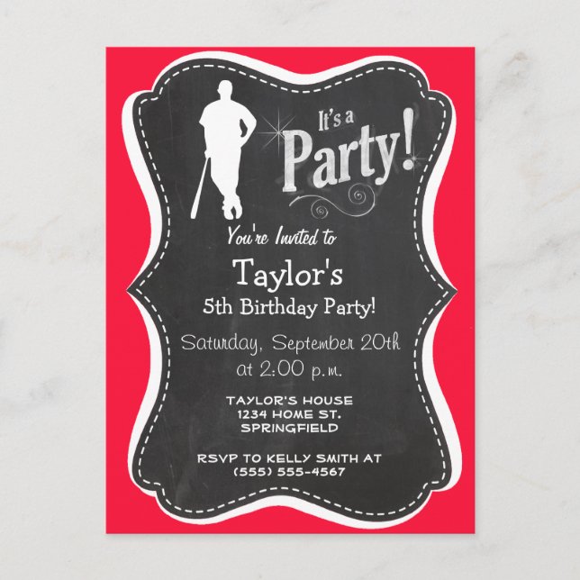 Cartão Postal De Convite Beisebol Vermelho Escarlate; Softball (Frente)