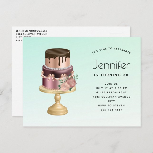 Cartão Postal De Convite Bela festa do Glam Party - Bolo Aniversário (Frente/Verso)
