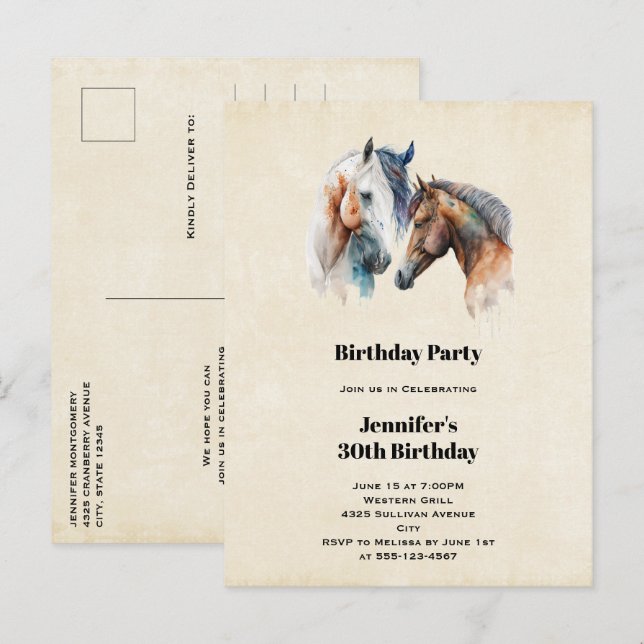 Cartão Postal De Convite Belos Cavalos do Estilo Boho Ocidental Aniversário (Frente/Verso)