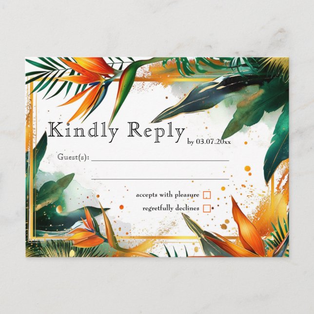 Cartão Postal De Convite Birds of Paradise Bliss RSVP (Frente)
