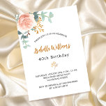 Cartão Postal De Convite Birthday rose gold floral eucalyptus greenery<br><div class="desc">An elegant invitation for a 40th (or any age) birthday party. A chic white background. Decorated with a rose gold and blush pink watercolored rose flower, floral, green eucalyptus leaves, sprigs, greenery and a faux gold sprig. Personalize and the name and party details. Black and golden letters. The name is...</div>