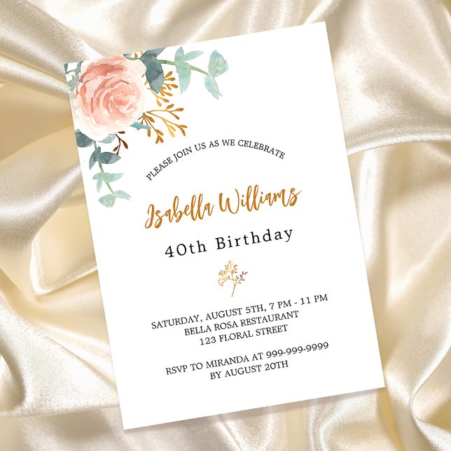 Cartão Postal De Convite Birthday rose gold floral eucalyptus greenery (Criador carregado)