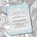 Cartão Postal De Convite Birthday silver blue glitter sparkle glamorous<br><div class="desc">For an elegant 40th (or any age) birthday. A faux silver metallic looking background. Decorated with blue faux glitter dust. Personalize and add a name, age and party details. The name is written with a hand lettered style script. Back: faux silver background, postcard design. Tip: If you don't want it...</div>