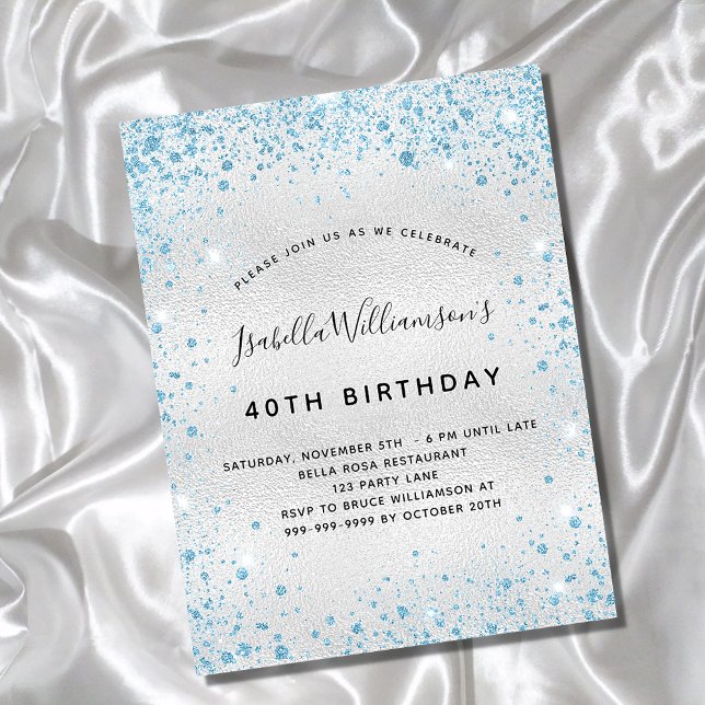Cartão Postal De Convite Birthday silver blue glitter sparkle glamorous (Criador carregado)