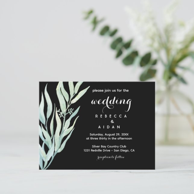 Cartão Postal De Convite Black Green Botanical Wedding Invitation (Em pé/Frente)