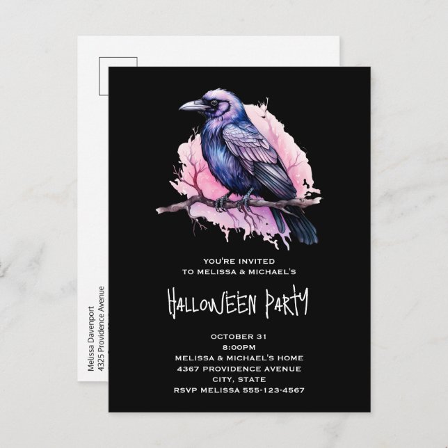 Cartão Postal De Convite Black Raven em um Halloween de ilustração de ramif (Frente/Verso)