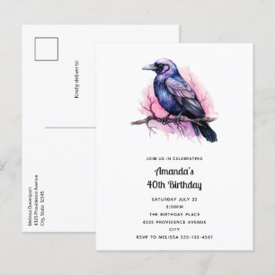 Cartão Postal De Convite Black Raven no Branch Illustration Aniversário