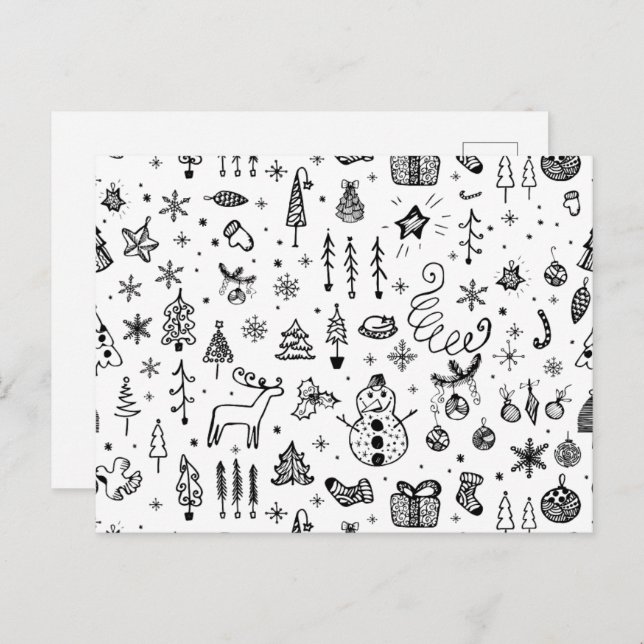 Cartão Postal De Convite Black & White Christmas Icons Pattern – Cute  (Frente/Verso)