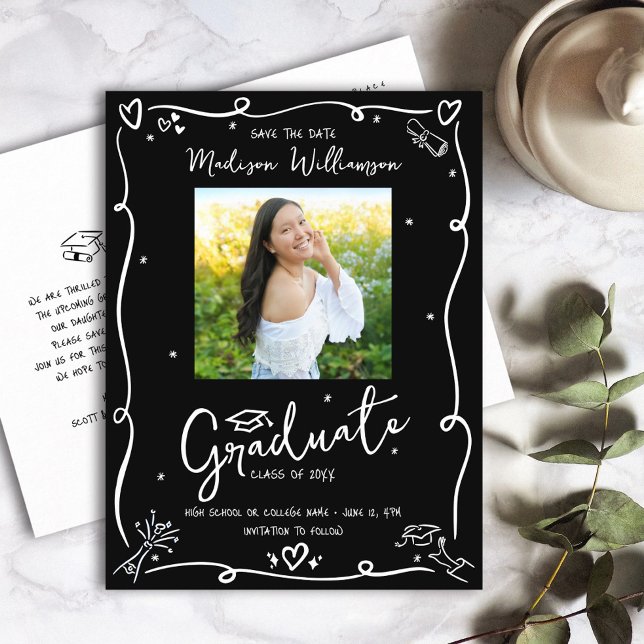 Cartão Postal De Convite Black White Doodles Save the Date Graduation Photo (Criador carregado)