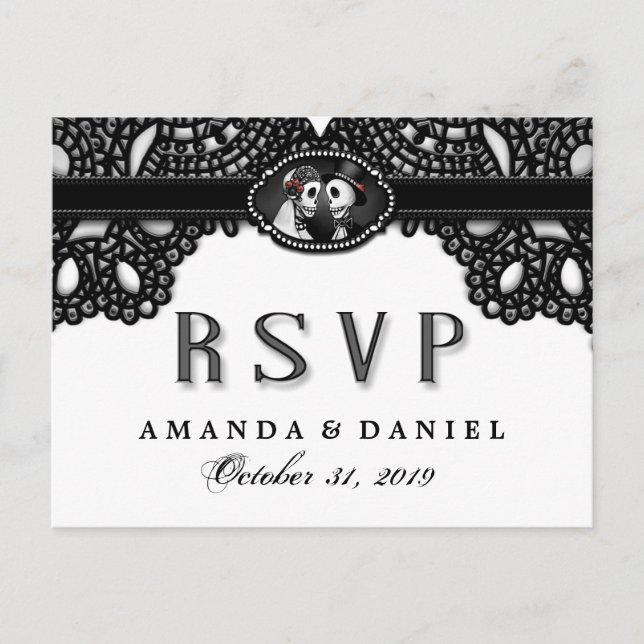 Cartão Postal De Convite Black White Elegance Halloween Skeletons RSVP (Frente)